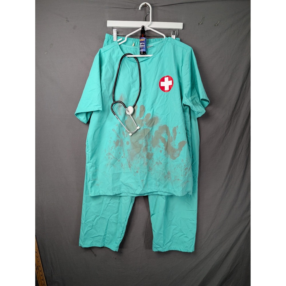 Spirit Halloween Bloody Surgeon Costume Set Teal S/M Zombie Doctor Scrubs - Picture 1 of 9